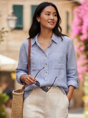 Chaps Ralph Lauren Top Tunic Popover Shirt 3X 22 24 Blue LINEN Striped Coastal